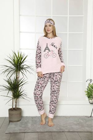 Kadın Pembe Desenli Kışlık Polar Pijama Takımı 11F-20008-1