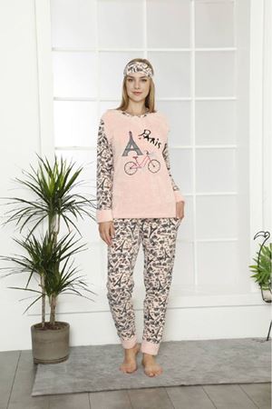 Kadın Somon Desenli Kışlık Polar Pijama Takımı 11F-20008