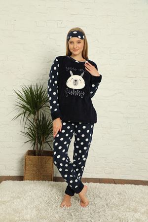Kadın Puantiyeli Desenli Lacivert Kışlık Polar Pijama Takımı 12F-20036