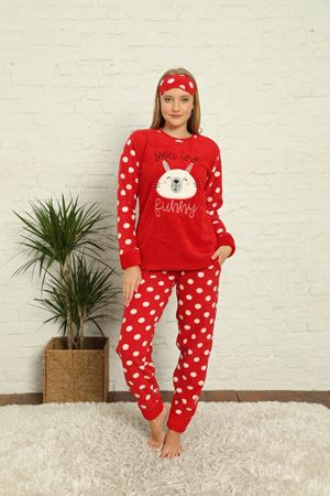 Kadın Puantiyeli Desenli Kırmızı Kışlık Polar Pijama Takımı 11F-20036-1