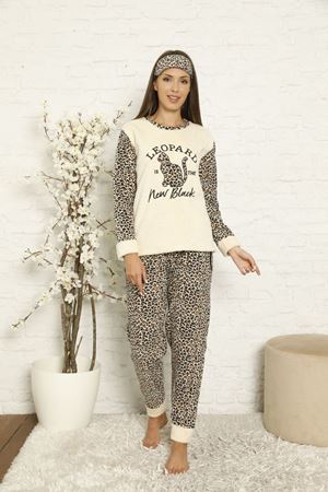 Kadın Bej Leopar Desenli Kışlık Polar Pijama Takımı 8F-20042-1
