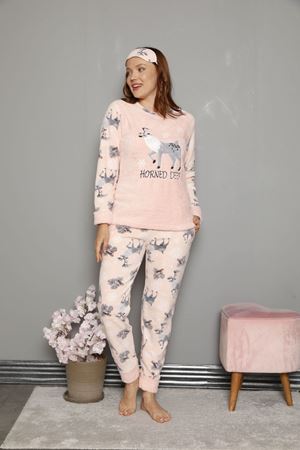 Kadın Desenli Somon Pembe Kışlık Polar Pijama Takımı 11F-20047-1