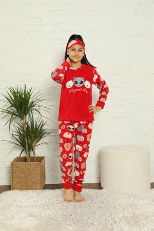 Kız Çocuk Kırmızı Desenli Kışlık Polar Pijama Takımı 13F-20024