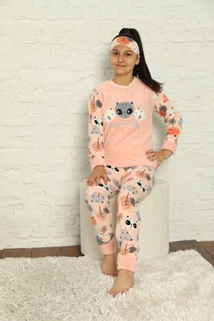 Kız Çocuk Somon Pembe Desenli Kışlık Polar Pijama Takımı 13F-20024-1