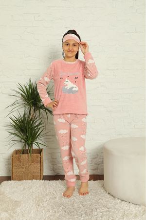 Kız Çocuk Pembe Desenli Kışlık Polar Pijama Takımı 13F-20039