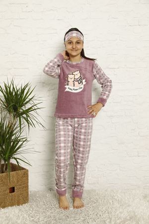Kız Çocuk Mor Desenli Kışlık Polar Pijama Takımı 13F-20046