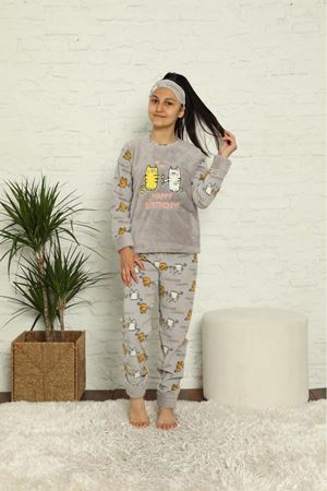 Kız Çocuk Gri Desenli Kışlık Polar Pijama Takımı 12F-20025