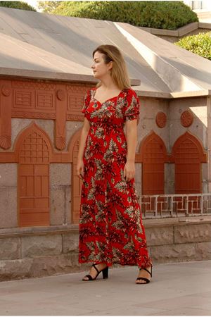 Kadın Kırmızı Desenli Öpücük Yaka Karpuz Kol Uzun Elbise 17D-4059