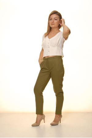 Kadın Haki Mevsimlik Yüksek Bel Kumaş Pantolon 16E-4049 