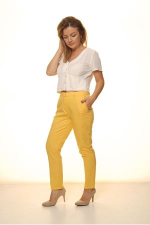 Kadın Sarı Mevsimlik Yüksek Bel Kumaş Pantolon 16E-4053