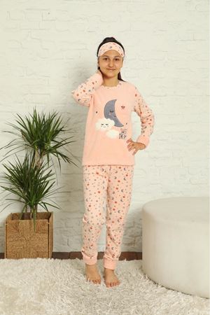 Kız Çocuk Somon Pembe Desenli Kışlık Polar Pijama Takımı 13F-20040-1