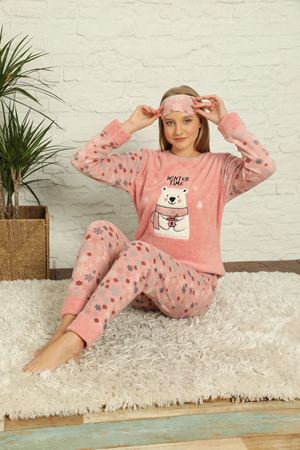 Kadın Pembe Desenli Kışlık Polar Pijama Takımı 6E-20035-1