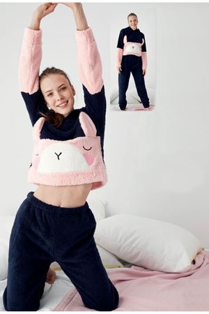 Kadın Sevimli Lacivert Kışlık Crop Tam Peluş Takım 12K-1019K