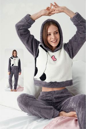 Kadın Sevimli Antrasit Kışlık Crop Tam Peluş Takım 12K-1018P