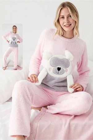 Kadın Pembe Sevimli Kışlık Tam Peluş Takım 12K-1022P