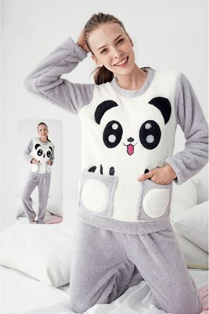 Kadın Gri Sevimli Kışlık Cepli Tam Peluş Takım 4F-1041P