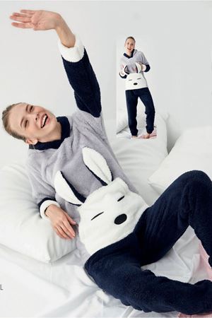 Kadın  Sevimli Kapüşonlu Kışlık Cepli Tam Peluş Takım 4F-1041G