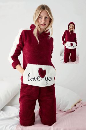 Kadın Kapüşonlu Kışlık Cepli Tam Peluş Takım 4F-1025B