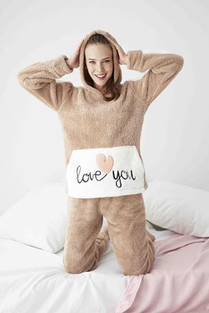 Kadın Kapüşonlu Kışlık Cepli Tam Peluş Takım 18C-1025K