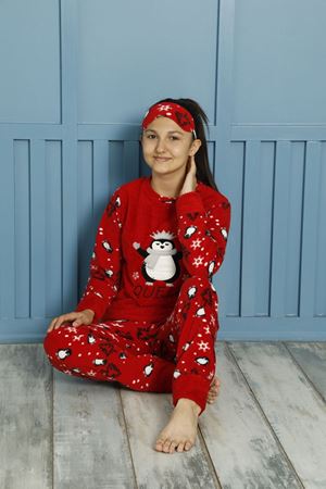 Kız Çocuk Kırmızı Desenli Kışlık Polar Pijama Takımı 5F-20087K
