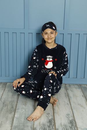 Kız Çocuk Lacivert Desenli Kışlık Polar Pijama Takımı 5F-20087