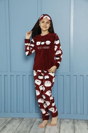 Çocuk Bordo Desenli Kışlık Polar Pijama Takımı 6K-20112B