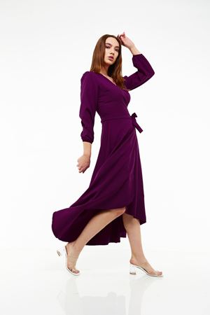 Kadın Mürdüm Asimetrik Kruvaze Yaka Elbise 18K-4078