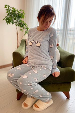 Kadın Mint Desenli Kışlık Polar Peluş Pijama Takımı 18D-1907