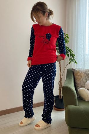 Kadın Kırmızı Desenli Kışlık Polar Peluş Pijama Takımı 18D-1937