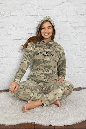 Kadın Haki Kamuflaj Desenli Kışlık Polar Pijama Takım 10K-3014S