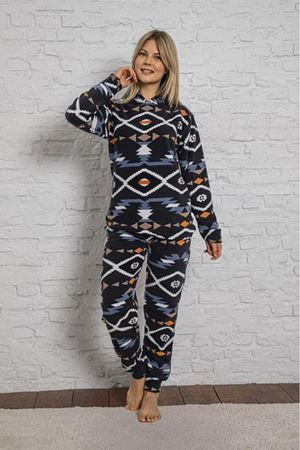 Kadın Siyah Desenli Kışlık Polar Pijama Takım 10K-3014-8