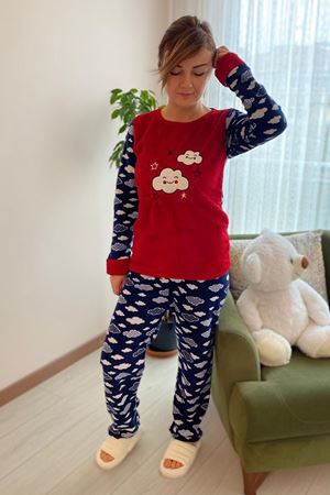 Kadın Kırmızı Desenli Kışlık Polar Peluş Pijama Takımı 18D-1904