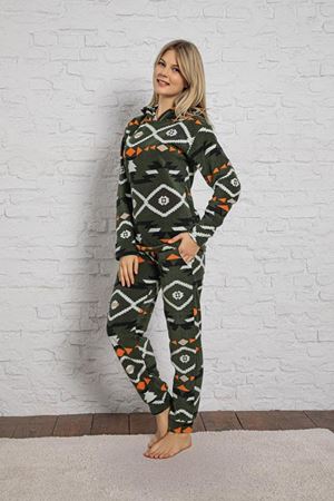 Kadın Yeşil Desenli Kışlık Polar Pijama Takım 10K-3014-9