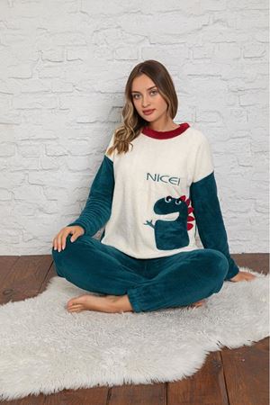 Kadın Yeşilj Desenli Kışlık Tam Peluş Pijama Takım 11K-4010-1