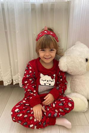Çocuk Kırmızı Desenli Kışlık Polar Pijama Takımı 5K-4502