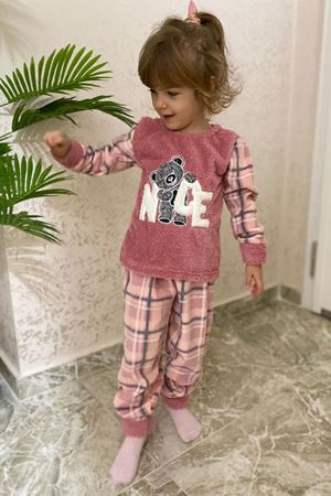 Çocuk Pembe Desenli Kışlık Polar Pijama Takımı 5K-4076
