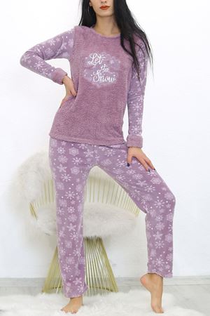 Kadın Mor Desenli Kışlık Polar Peluş Pijama Takımı 18D-1938