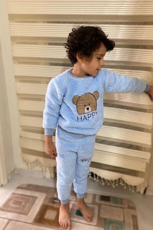 Çocuk Mavi Desenli Kışlık Peluş Pijama Takımı 1P-4081