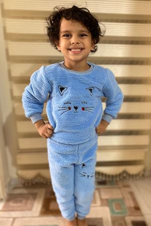Çocuk Mavi Desenli Kışlık Peluş Pijama Takımı 1P-4082