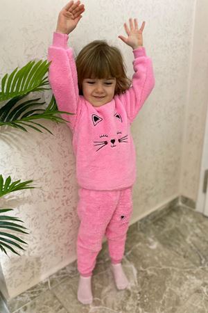 Kız Çocuk Pembe Kışlık Peluş Pijama Takımı 1P-4083