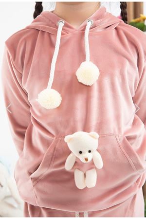 Çocuk Pembe Fransız Kadife Kışlık Ponponlu Ayıcıklı Takım 4C-4085