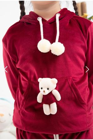 Çocuk Bordo Fransız Kadife Kışlık Ponponlu Ayıcıklı Takım 4C-4086