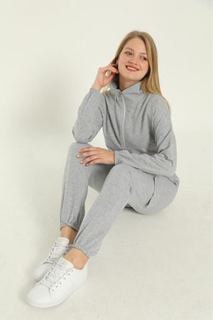 Kadın Gri Fermuarlı Cepli Eşofman Takımı 8E-3354