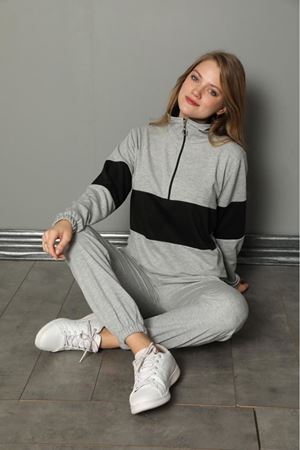 Kadın Gri Şeritli Fermuarlı Cepli Eşofman Takımı 8E-3592