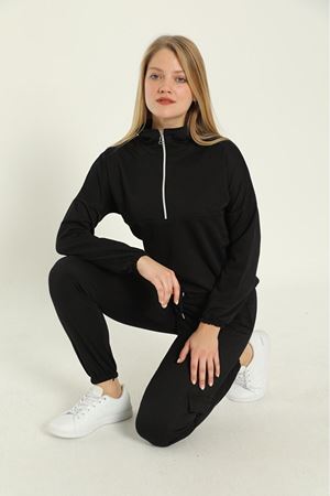 Kadın Düz Siyah Fermuarlı  Cepli Eşofman Takımı 8E-0334