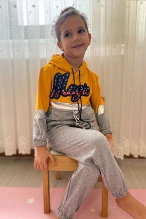 Kız Çocuk Gri Kapüşonlu  Cepli Eşofman Takımı 4S-4087