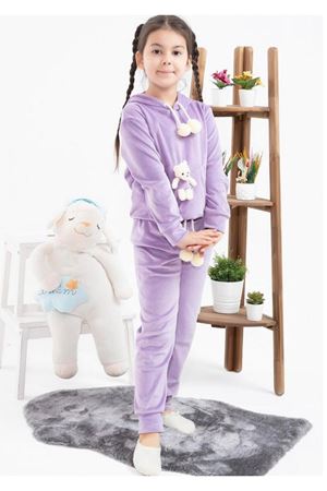 Çocuk Lila Fransız Kadife Kışlık Ponponlu Ayıcıklı Takım 3P-4090