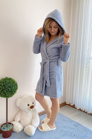 Kadın Mavi Renk Cepli Peluş Welsoft Kışlık Sabahlık 5E-4088