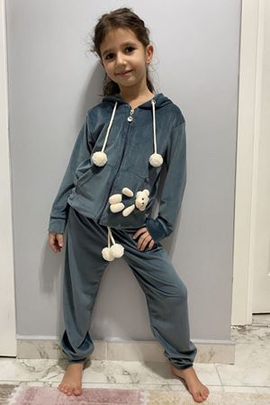 Çocuk Gri Fransız Kadife Kışlık Ponponlu Ayıcıklı Fermuarlı Takım 5S-4092