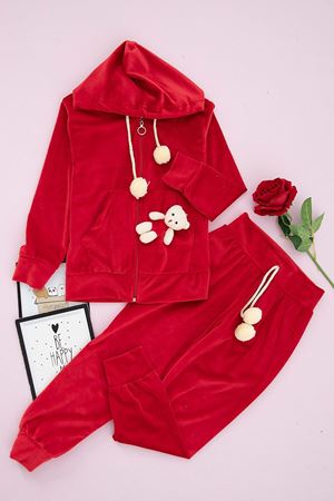 Çocuk Kırmızı Fransız Kadife Kışlık Ponponlu Ayıcıklı Fermuarlı Takım 5S-4091